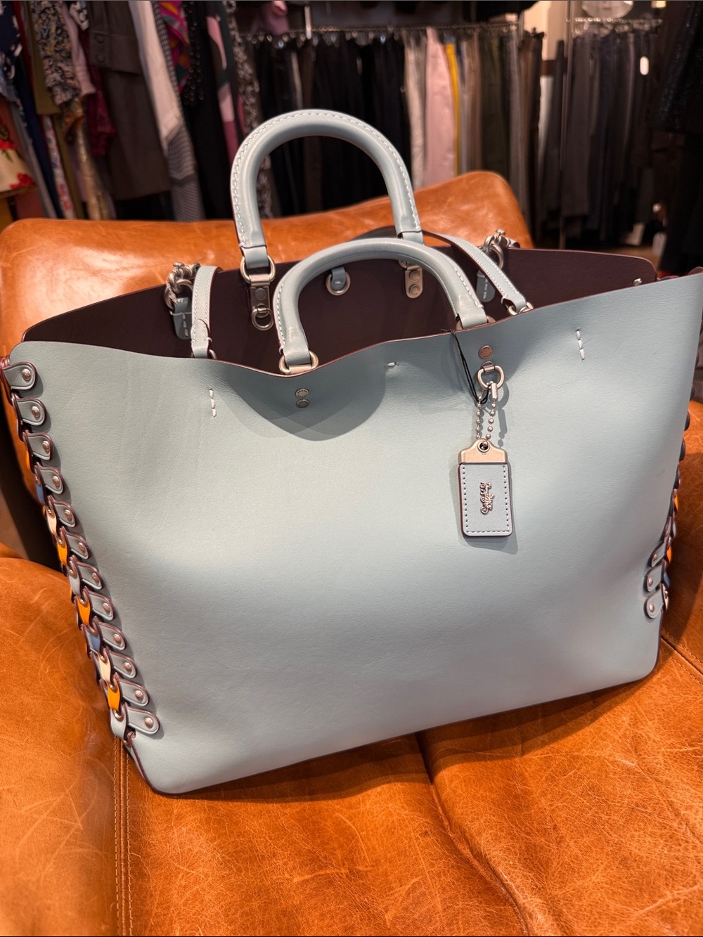 Coach Light Blue Leather Tote with Chain Tag